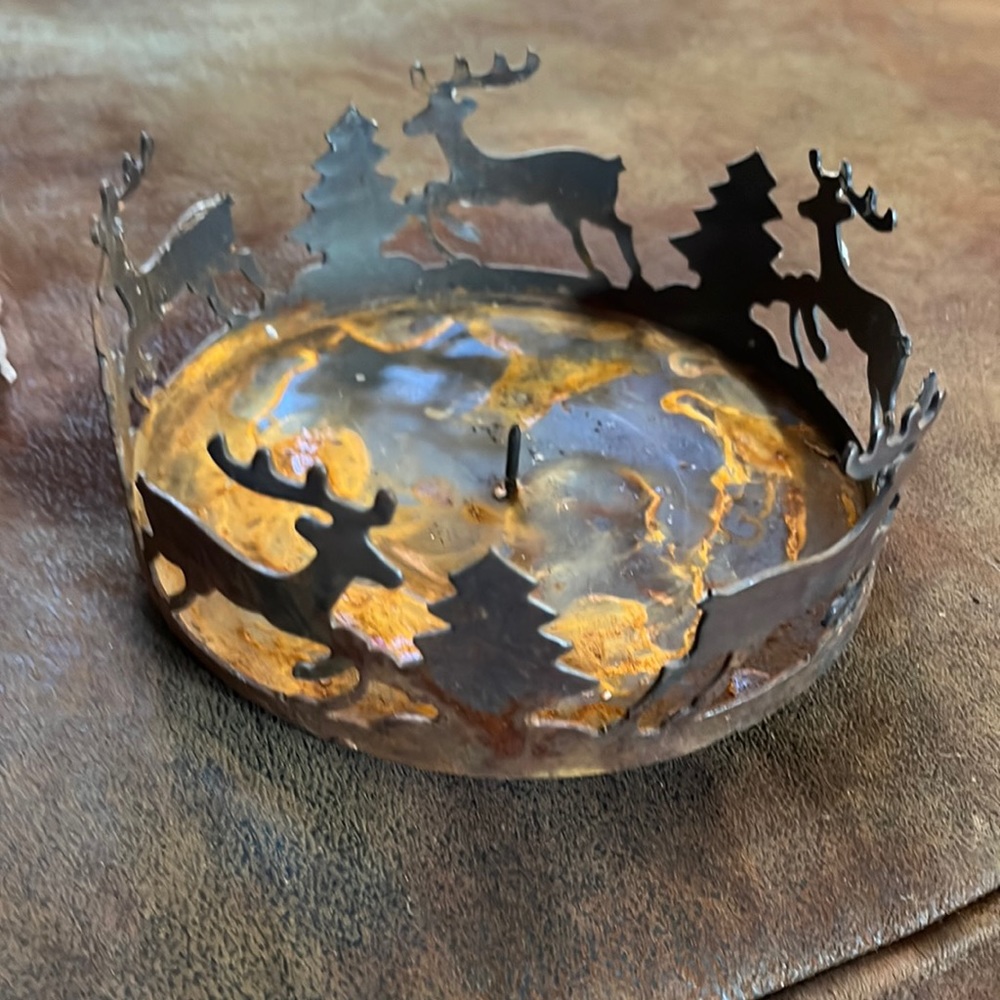 Rustic 6 inch candle holder, reindeer and trees